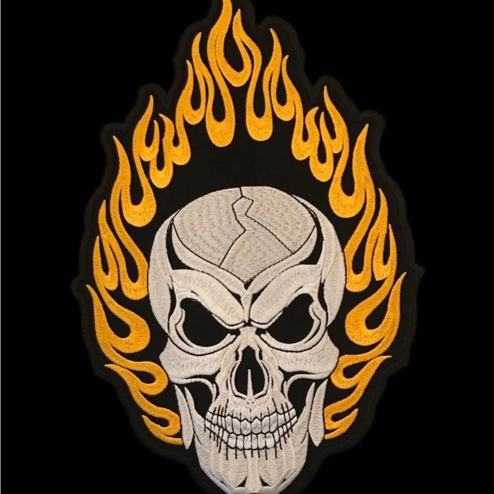 Medium Yellow Flame Skull Back Patch Biker Iron or Sew on Patch